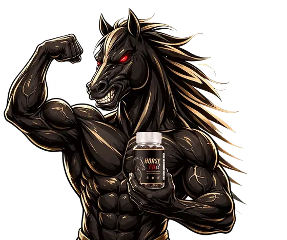 Horsefil benefits illustration: the brand's horse mascot holding a bottle of vitality gummies