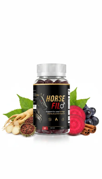 Horsefil men's vitality gummy bottle surrounded by its botanicals: ginseng root, beetroot, grapes and cinnamon