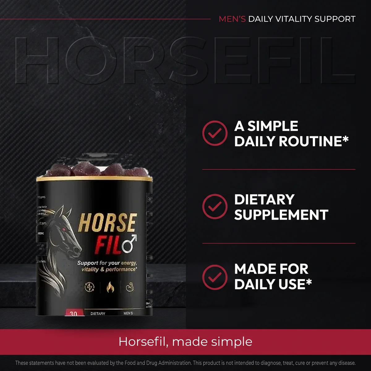 Why Horsefil: a simple daily routine men's vitality gummy with six named ingredients