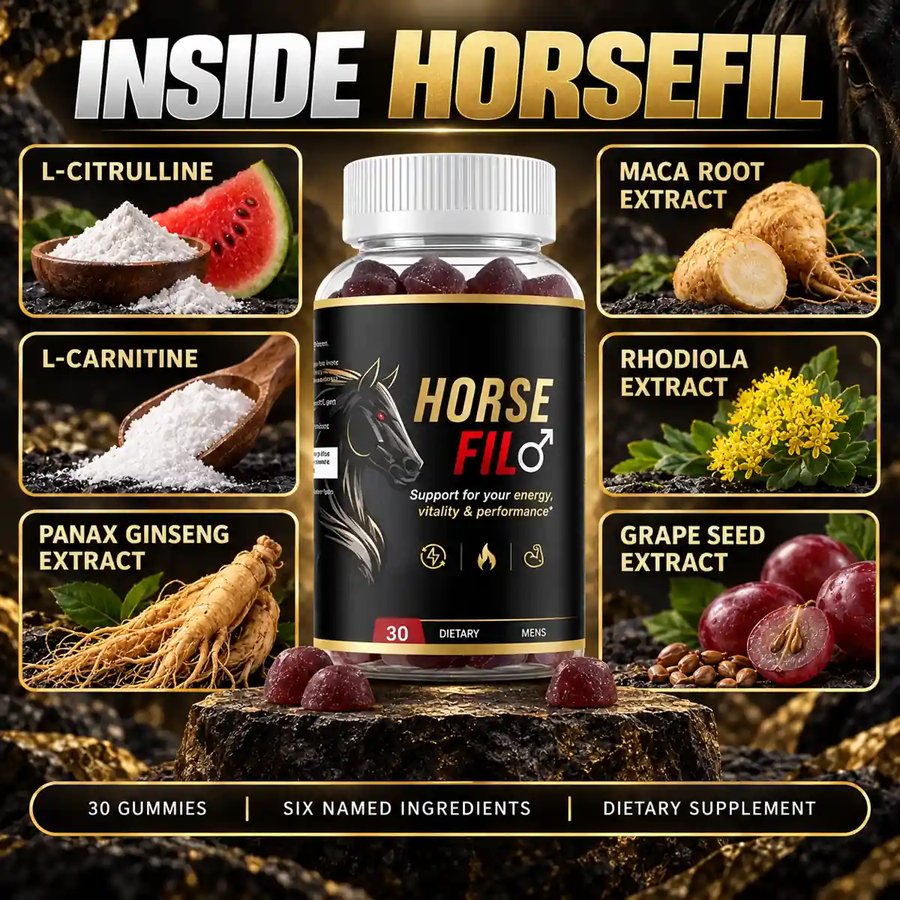 The INSIDE HORSEFIL panel naming six ingredients with a photograph of each