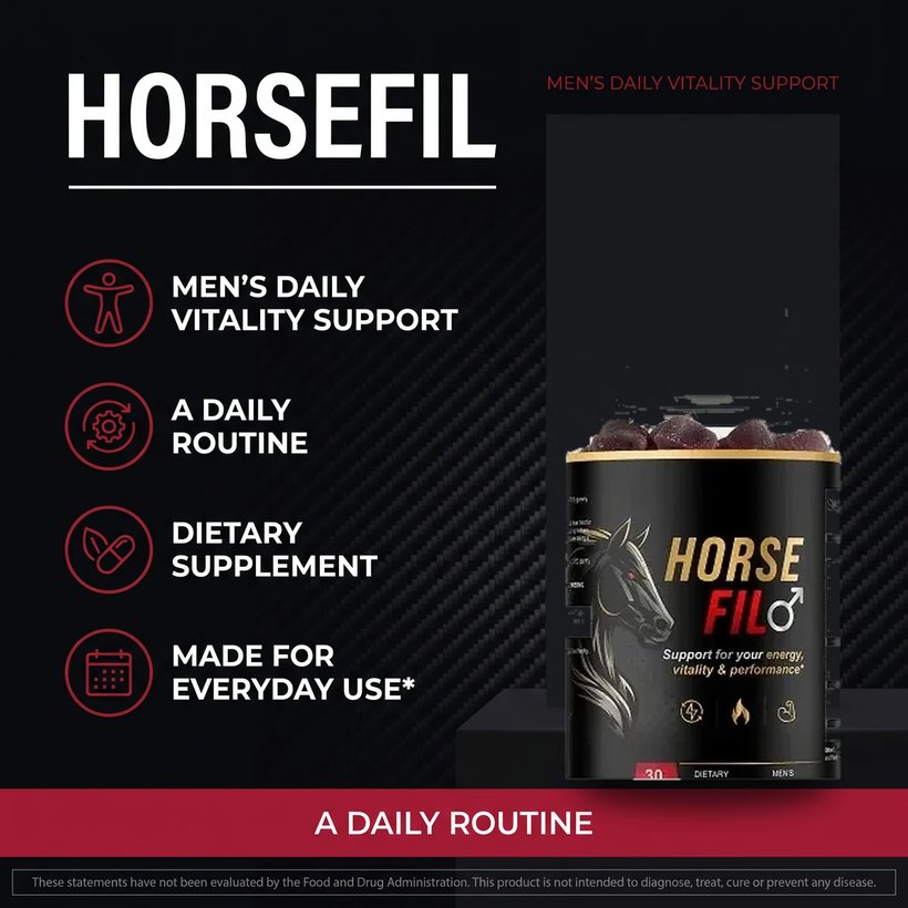 The seller's MEN'S DAILY VITALITY SUPPORT panel showing the HorseFil bottle