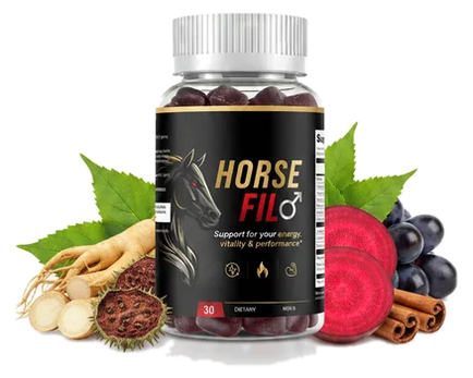HorseFil men's daily gummies, a 30-count bottle with the botanical ingredients arranged around it